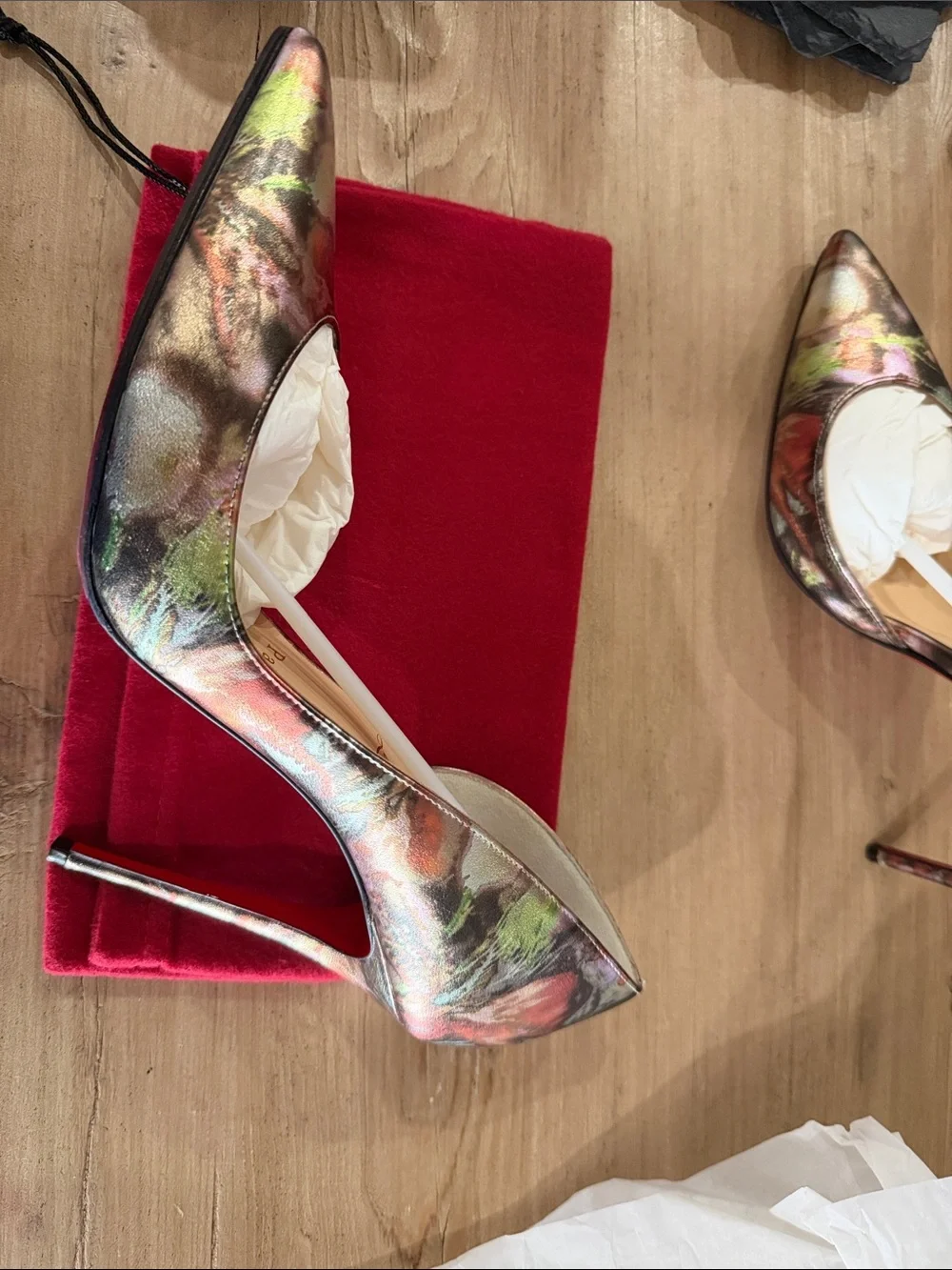 Christian Louboutin Metallic Floral Pointed-Toe Pumps - Red, Gold, Green